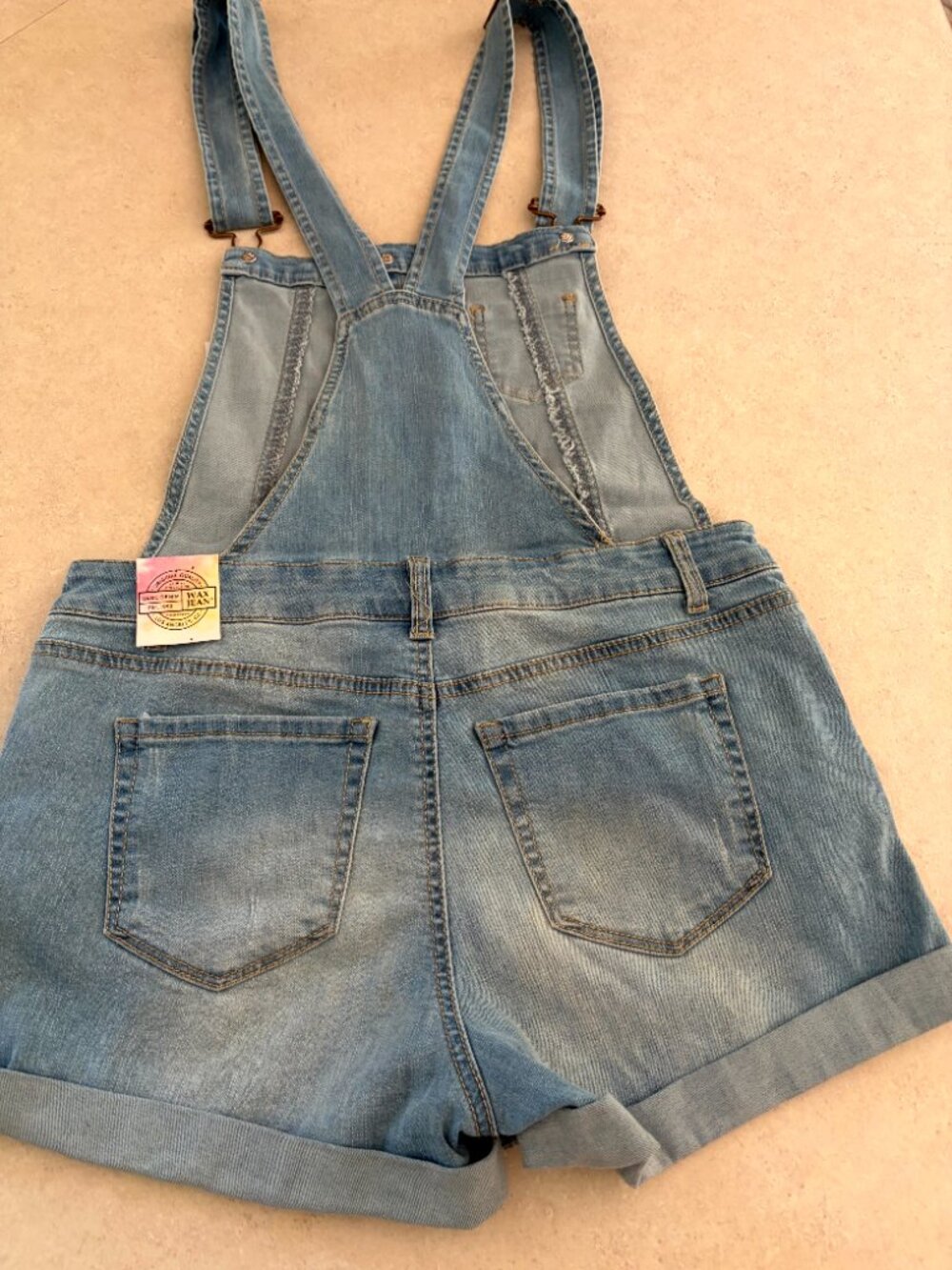 NWT Wax Jean Women Junior Blue Denim Short Overalls Romper  Size L - Picture 9 of 10